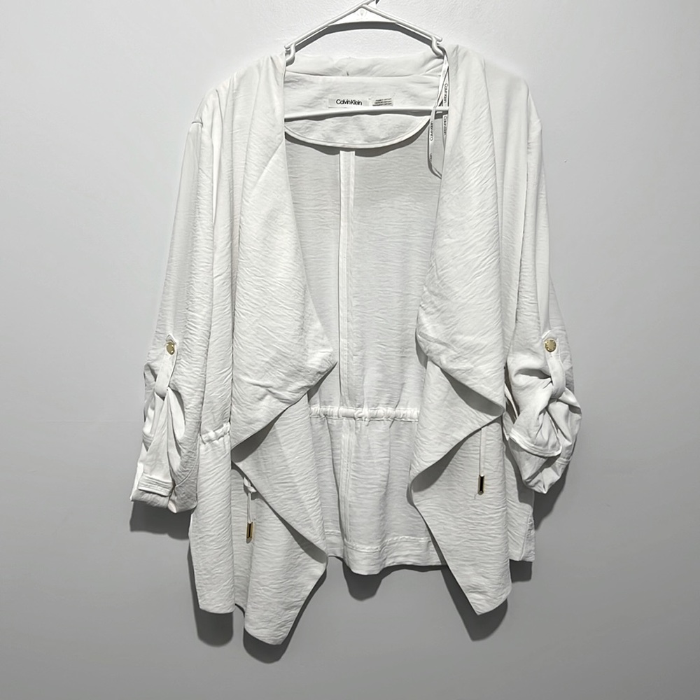 Calvin Klein Cinched Waist Drapey Open Front Cardigan, white, size L
